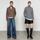 Half Zip Mock Neck Sweater - Minimalist Slim Knit Commuter Top