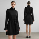 Satin Lace High Neck Mini Dress - Elegant Long Sleeve Commuter Style