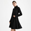 Satin Lace High Neck Mini Dress - Elegant Long Sleeve Commuter Style