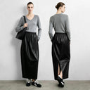 Women's Faux Leather Long Skirt - Elastic Waist Commuter Style