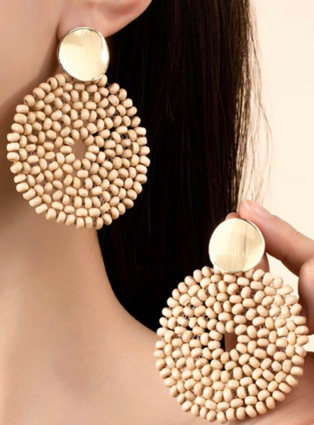 Wood braided disk drop earring