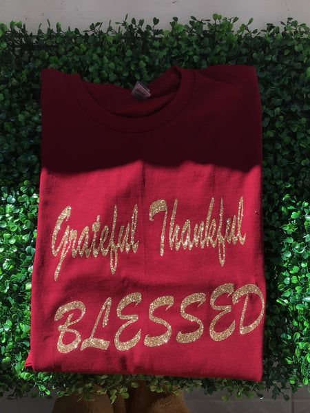 Red Short Sleeve Gold "Grateful Thankful Blessed" T-shirt