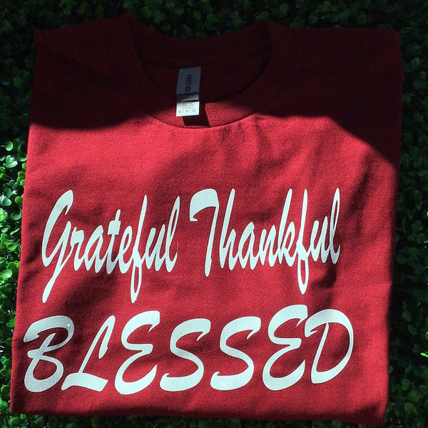 Red Short Sleeve white "Grateful Thankful Blessed" T-shirt